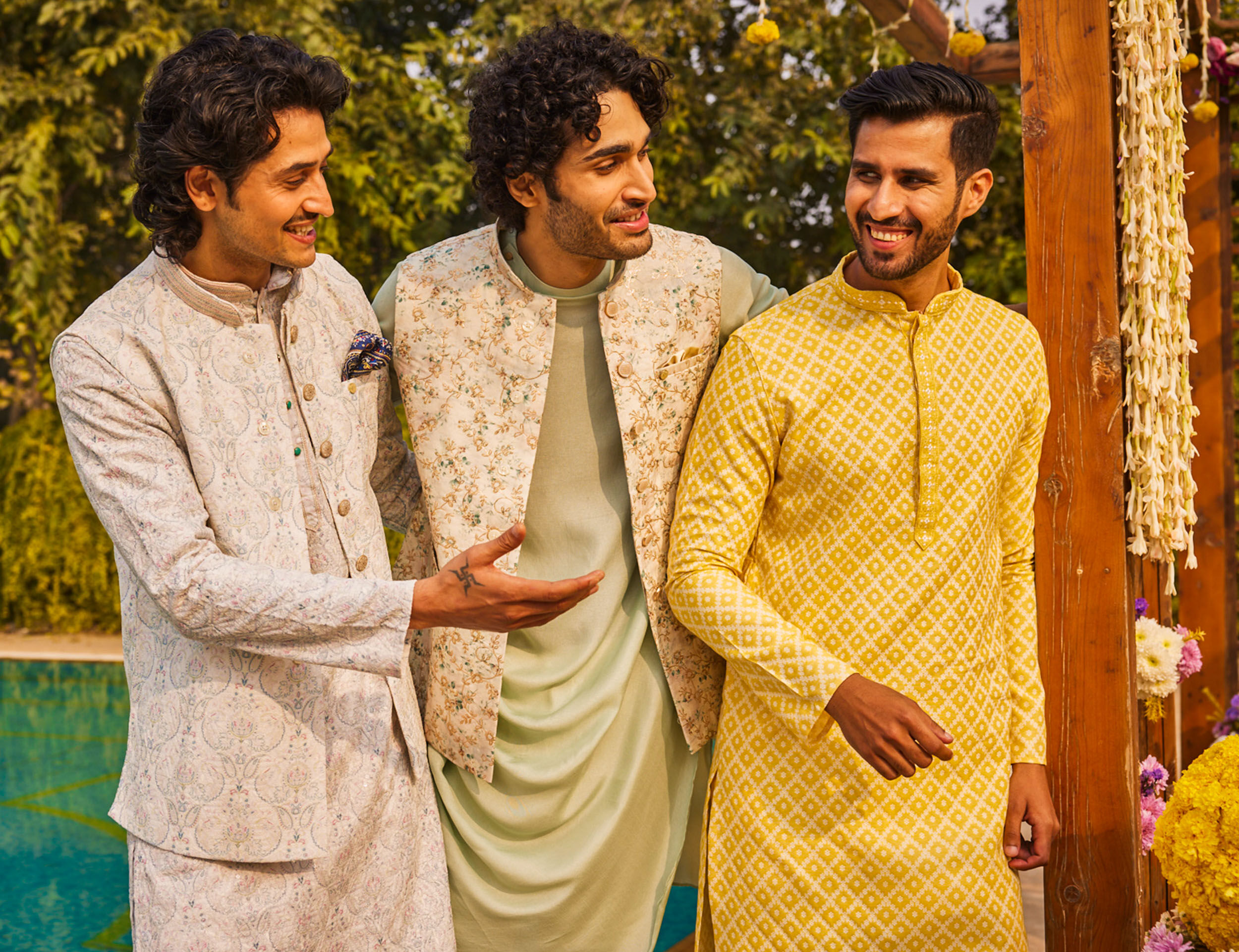 Mens flaunting colourfull kurta pajamas with jacket set for wedding